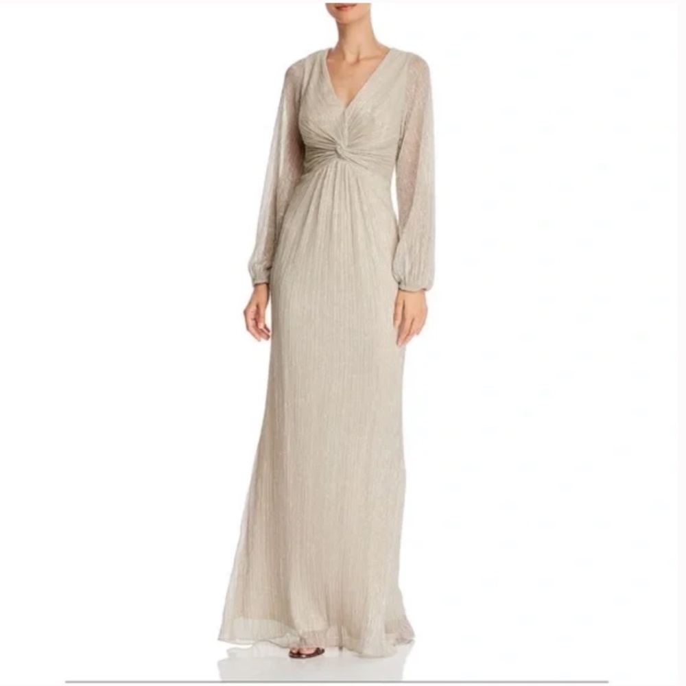 ADRIANNA PAPELL Twist Front Metallic Shimmer Long Sleeve Maxi Dress size 4